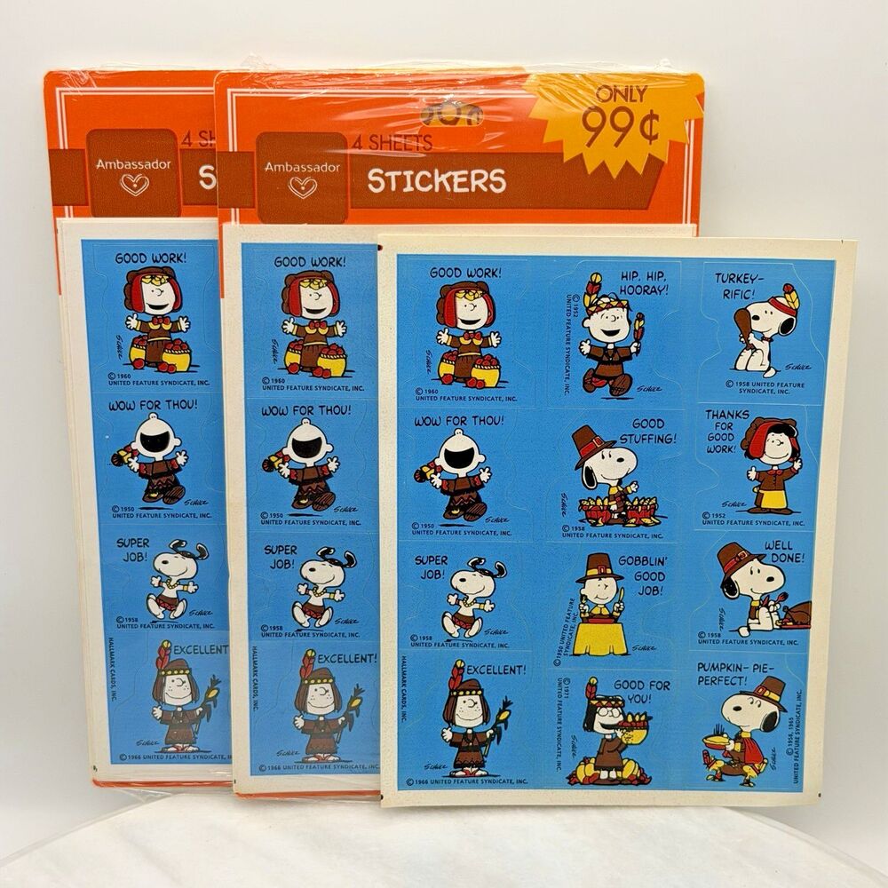 Vintage 1980s Snoopy Peanuts Thanksgiving Stickers Hallmark 9 Sheets NOS